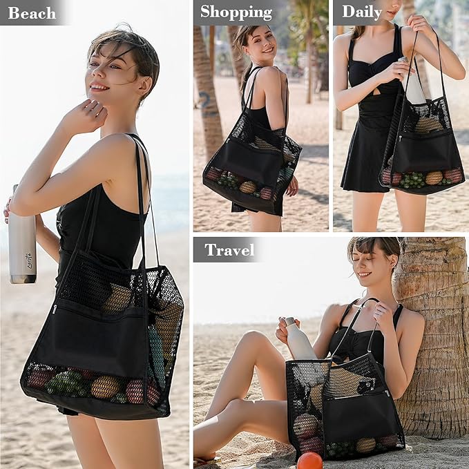 Tavaleu Mesh Beach Bag, Beach Bags for Women, Woven Straw Beach Tote Bag Waterproof with Inner Pocket, Packable Beach Bag