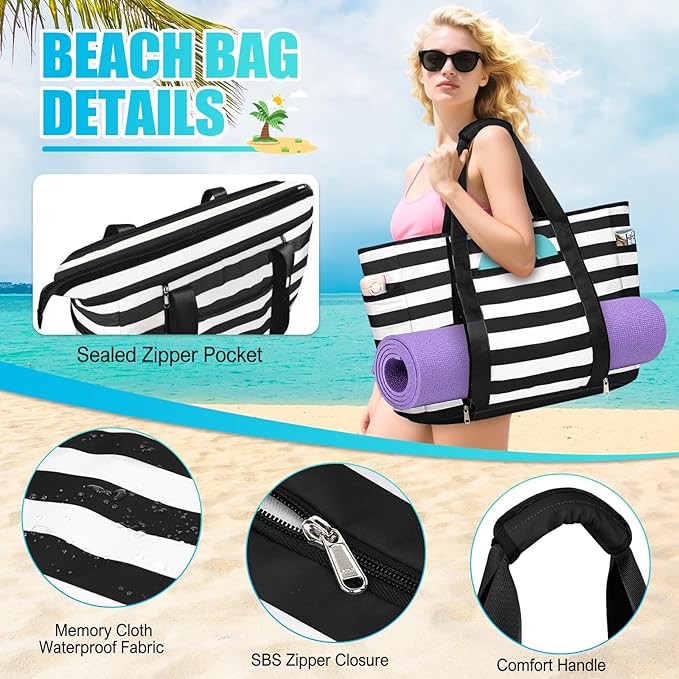 Extra Large Beach Bags for Women, Waterproof Sandproof Beach Tote Bag Foldable Swim Pool Bag with Zipper and Wet Pocket