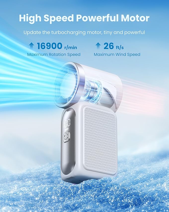 Gaiatop Portable Handheld Mini Fan, 6 Speeds 16900 RPM High Velocity Personal Fan with LED Display, USB Rechargeable, Mini Fan with Lanyard for Makeup, Travel, Outdoor Fan for Women Girl Gift, White