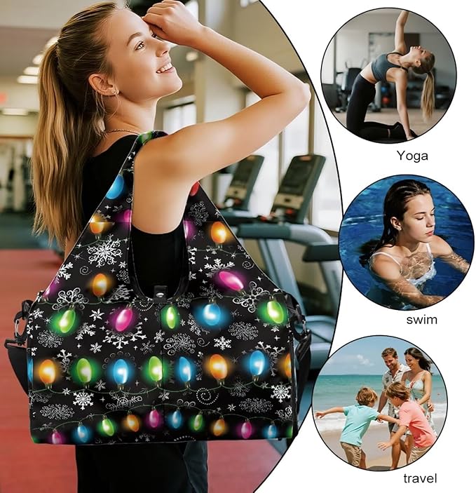 Christmas Colorful Lights Womens Gym Tote Duffle Bag with Shoe Compartment Lightweight Carry On Bag for Beach Swim Sports Overnight Weekender Hospital Bags Gifts for Christmas