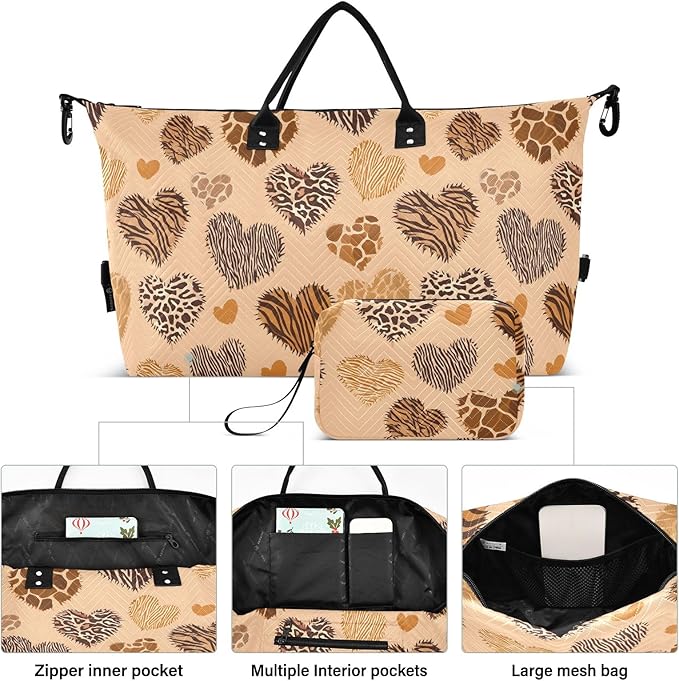 Travel Duffle Bag, Leopard Print Heart Gym Bag with Storage Bag Weekender Overnight Bag for Men Women Trip Sports Yoga