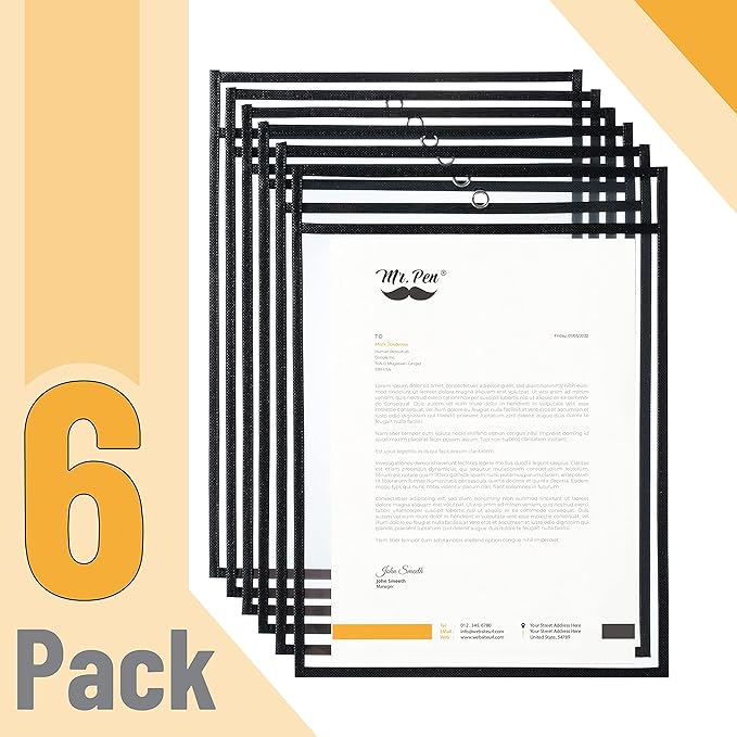 Mr. Pen - Dry Erase Pockets, 6 Pack, 10.2 x 14 Inches, Black, Reusable Plastic Sleeves for Paper, Clear Shop Ticket Holders