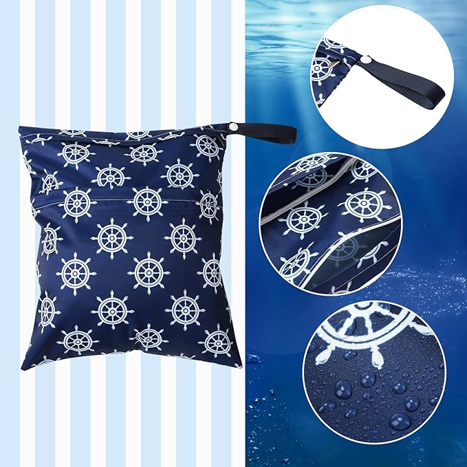 Frienda 4 Pieces Wet Dry Bag for Baby Waterproof Reusable Washable Diaper Bag Sealed with Handle for Travel, Beach, Swimsuit, Diapers, Dirty Gym Clothes and Toiletries (Nautical Style)