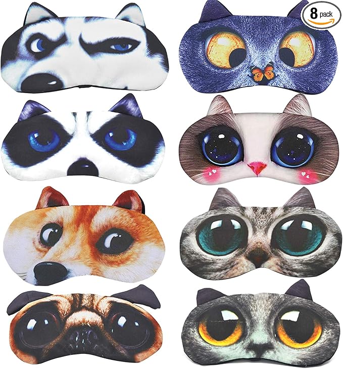 HYCLES Sleep Mask for Kids Sleeping Eye Cover Cute Cartoon Animal Funny 8 Pcs Blindfold Eyeshade for Men Women Plane Travel Game Nap Night Sleeping
