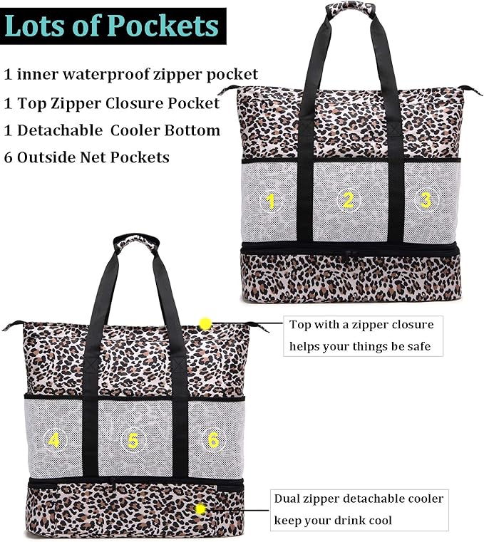 JIANYA Beach Bag Women Waterproof Sandproof Beach Tote Bags with Cooler Top Zipper Large Totes for Pool Travel Daily