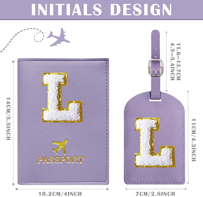 COSHAYSOO Purple Passport Cover and Luggage Tag Set TSA Approved with Her Initial Chenille Letter Patch, Fashionable Travel Bag Backpack Suitcase Identifier Gifts for Granddaughter Grandma Mother (L)