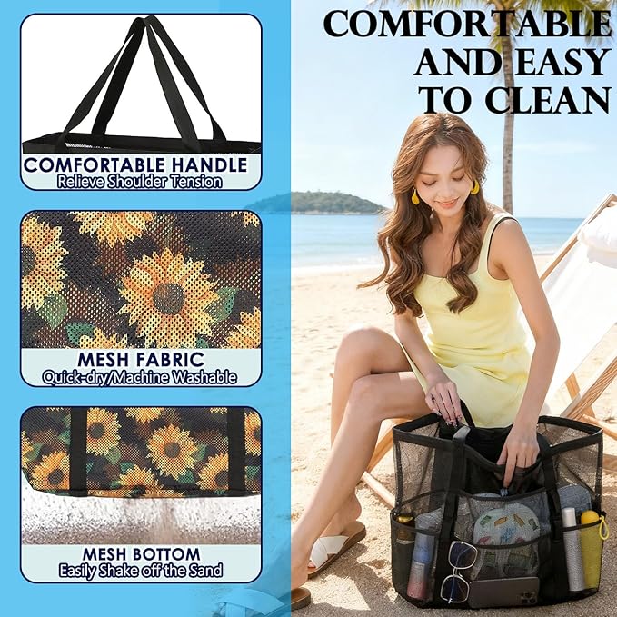 Mesh Beach Bag, Large Beach Tote with Zipper Pocket, Toys Pool Bag for Family Travel Vacation Cruise Essentials