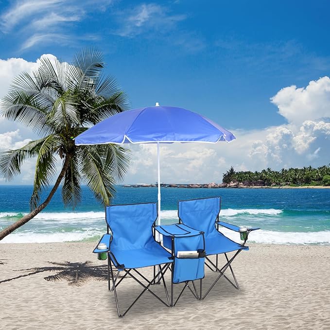 Outvita Folding Double Camping Chair w/Umbrella Beverage Holder Carrying Bag Cooler Fold Up Table, Large Bearing Capacity for Beach Patio Pool Park Outdoor Blue