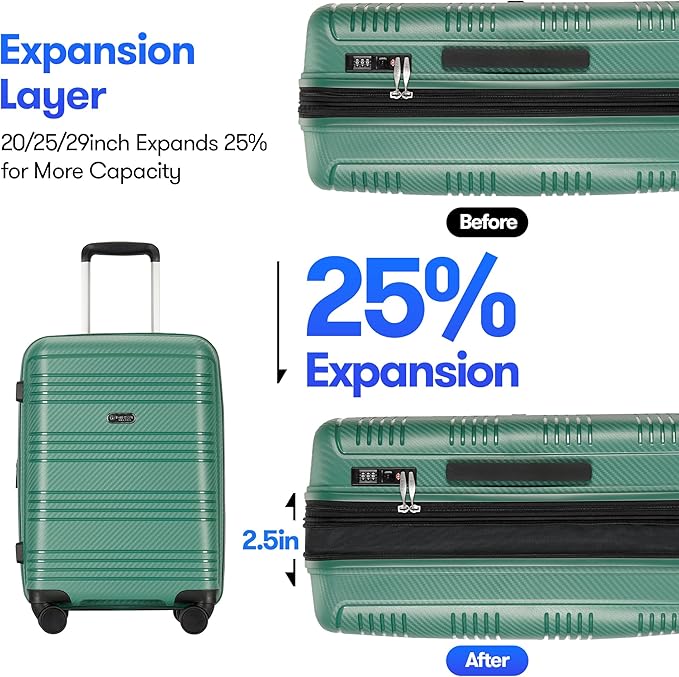 GinzaTravel 4 Piece Hardshell Expandable Luggage Sets with Spinner Wheels TSA Lock,Large Suitcases with Wheels, 20inch 25inch 29inch, Green