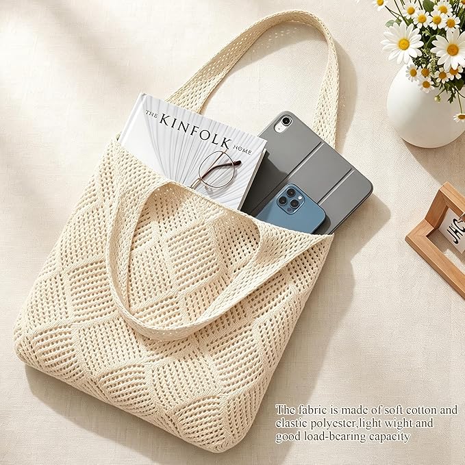 SUOSDEY Crochet Mesh Beach Tote Bag, Knit Summer Vacation Aesthetic Boho Tote Bag for Women