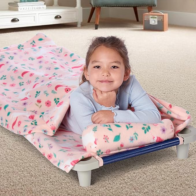 ROLLEE POLLEE Nap Sac Roll Up Napping Blanket with Attached Pillow for Preschool/Daycare, Super Soft with Elastic Straps, Fits Most Mats and Cots