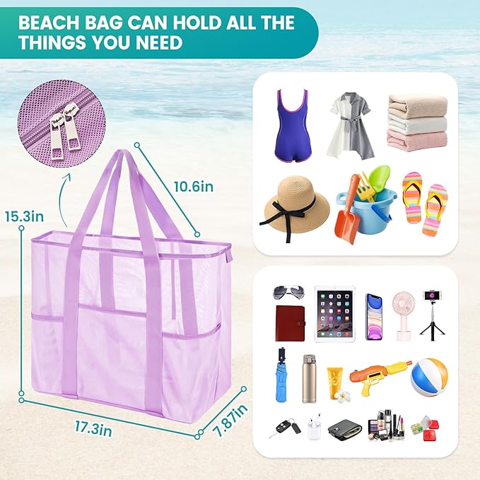 Mesh Beach Bag, Large Bag with Zipper Beach Bags for Women Waterproof Sandproof with 5 Pockets Green