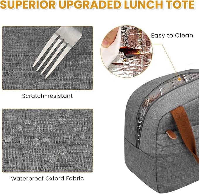 Insulated Lunch Bag for Women, Portable Lightweight Lunch Box for Adults, Reusable Lunch Tote Cooler Bags with Front Zipper Pocket for Work School Picnic(Gray, Large)