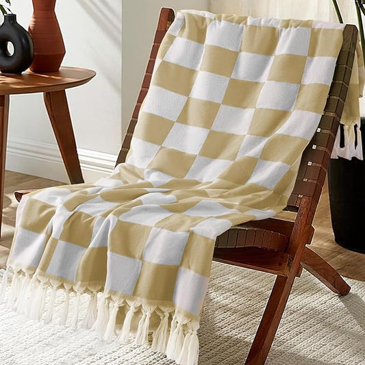 Checkered Boho Beige Throw Blanket Bedroom Living Room Accessories Sofa Couch Chair Essential Bohemian Aztec African Southwest Neutral White Fall Antique Vintage French Country Primitive Cottage Decor