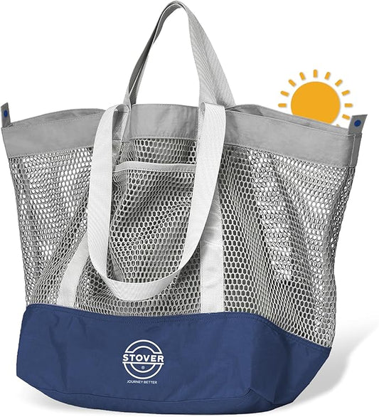 STOVER Extra Large Mesh Beach Bag, Vacation, Pool, Shopping & Travel Tote - Foldable w/Storage Pouch & Pockets for Women, Men