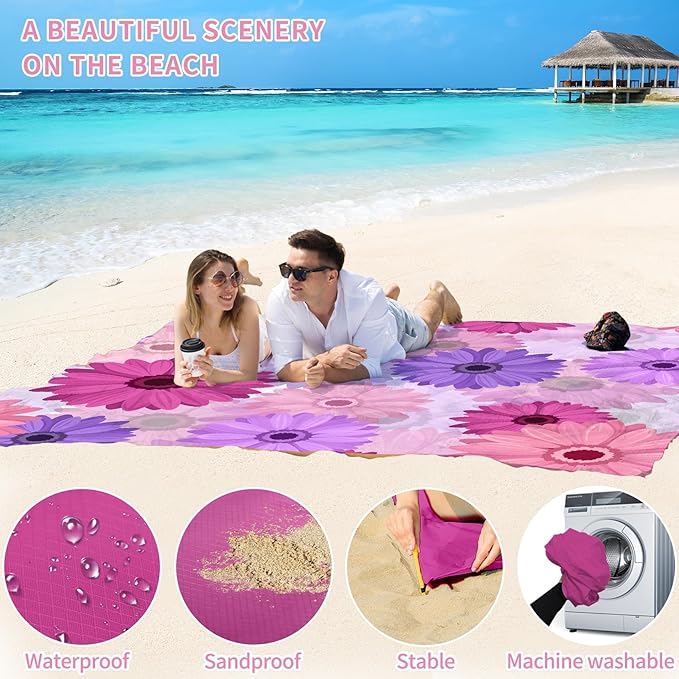 BYDOLL Beach Blanket Waterproof Sandproof 78''×110'' Suits1-7 Adults Compact Lightweight Oversized Sand-Free Blanket Large Picnic Mat for Beach Travel Camping Hiking