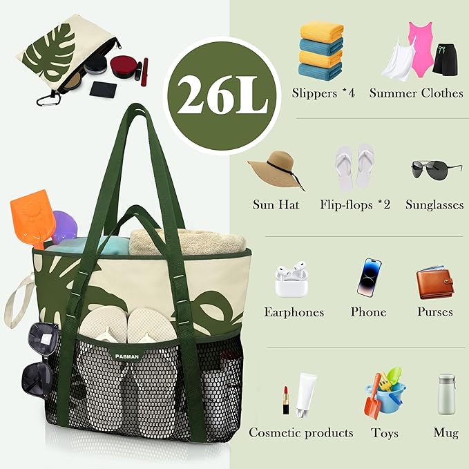 Large Beach Bag with Zipper-8 Pockets Sandproof Beach Tote Bag for Women,Foldable Lightweight Family Swim Bag Vacation