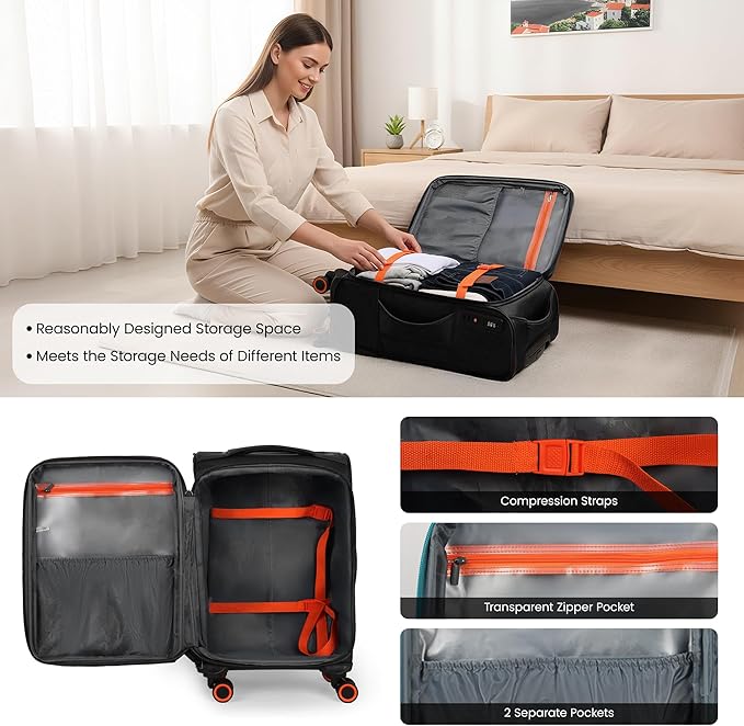 2-Piece Set (22in/32)Softside Expandable 20% Luggage w/TSA LOCK,Front Opening Softside Luggage Sets w/Spinner Wheels,Lightweight Travel Luggage Rolling Suitcase for Men/Women（Black,22in/32in）