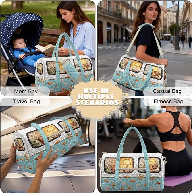 COEQINE Quilted Duffle Bags for Women Travel Cool Quilted Tote Bag Large Car Blue Camper Summer Beach Themed Weekender Bag Designer Carry On Bags