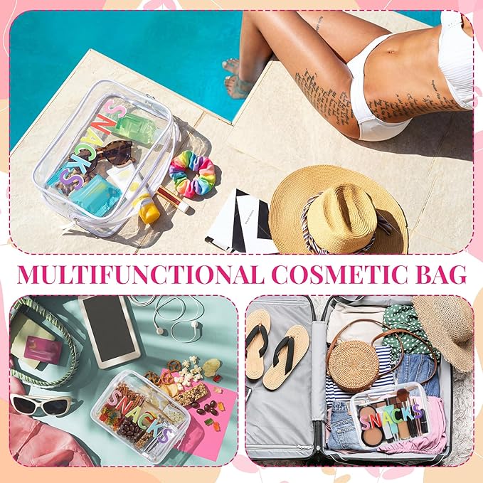 Clear Snack Bag Travel Zipper Pouch Makeup Cosmetic Bag 9.5" x 7" x 3.5" Large Beach Toiletry Pouch PVC Waterproof Transparent Organizer for Women Girl Summer