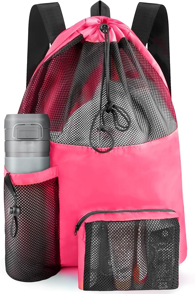 Swim Mesh Beach Bag, Waterproof Gym Bags for Women and Men, Large Pool Bag Swimming Gear Drawstring Backpack