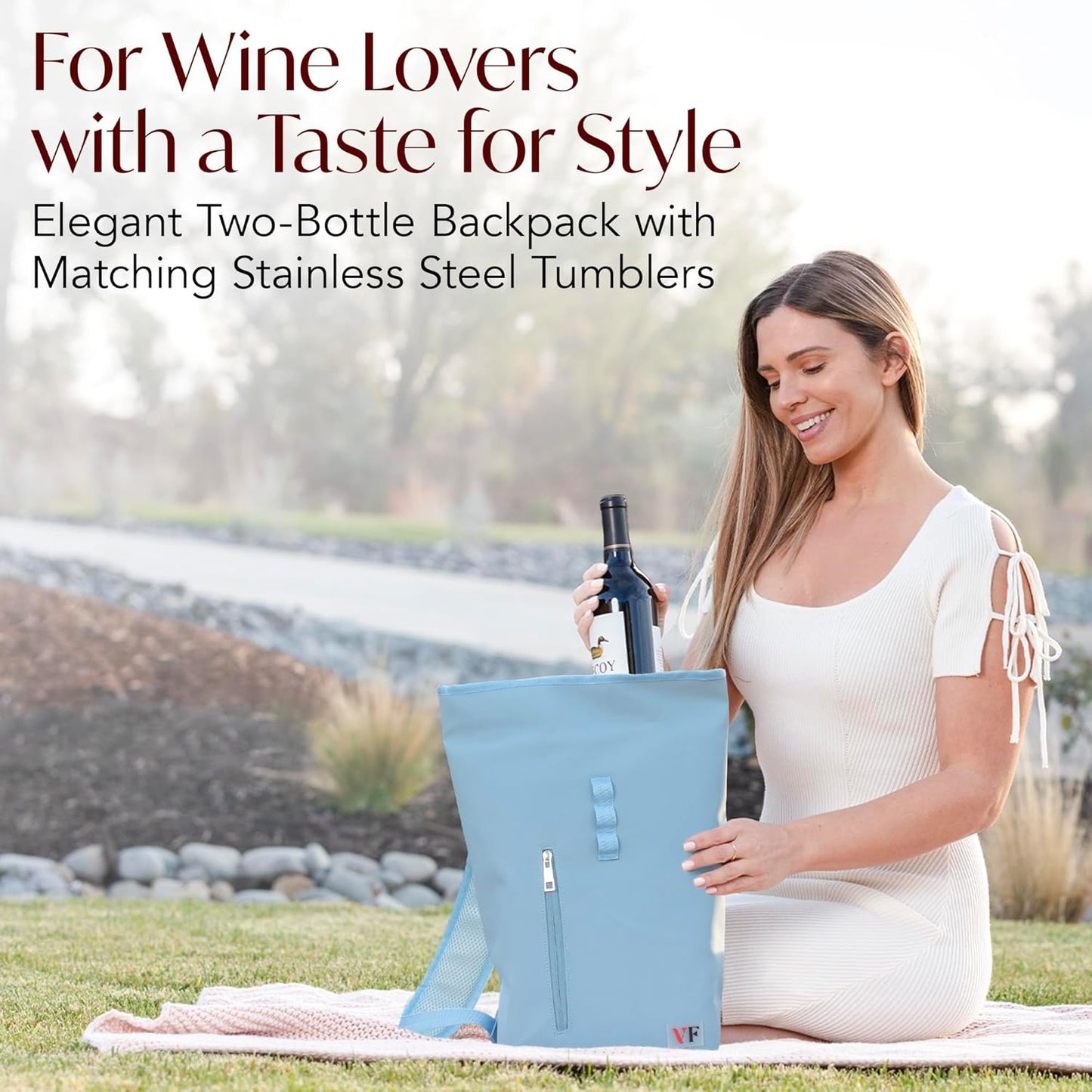 Two Bottle Rolltop Wine Tote Bag – Stylish PU Leather Wine Backpack with Matching Tumblers – Compact & Lightweight Wine Carrier with Padded Straps & Compartments for Travel & Picnics – Light Blue