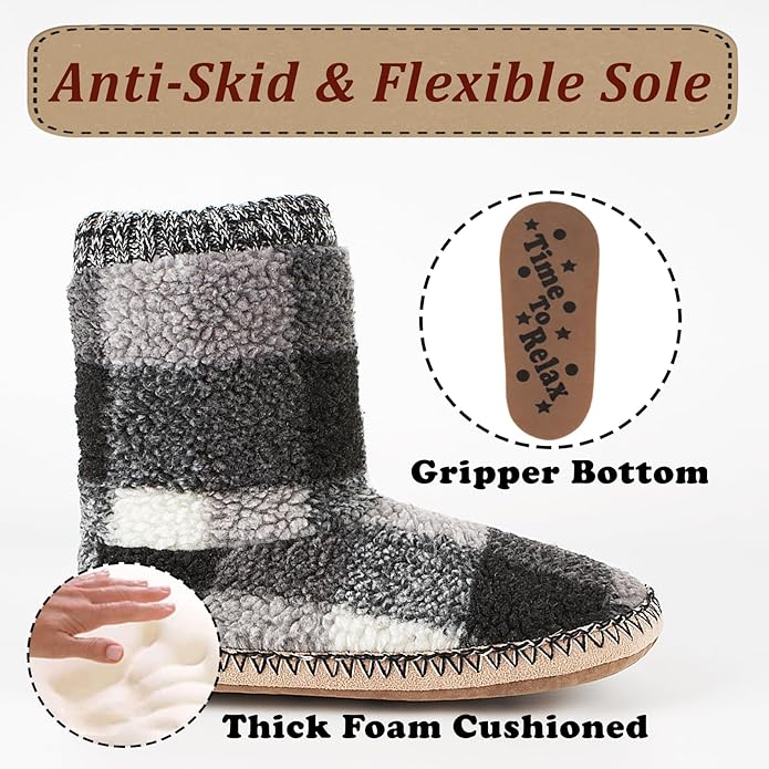 cosyone1997 Boot Slippers for Men Indoor Soft Sole, Warm Fuzzy Slipper Socks with Non Slip Grips