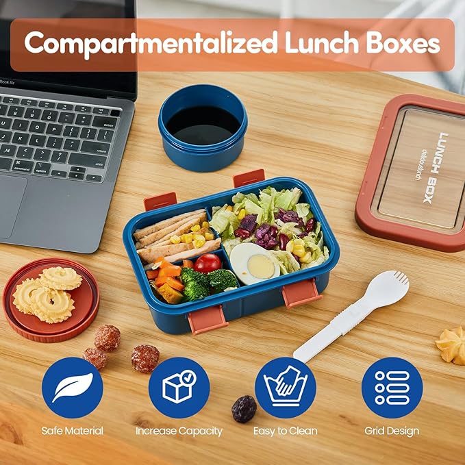 34OZ Bento lunch box, 3-Compartment Leak-Proof Adult Bento Box, Compact Microwave Safe To Go Food Containers with Sauce Soup Jar for Sandwich，Salad, Workplace and Travel