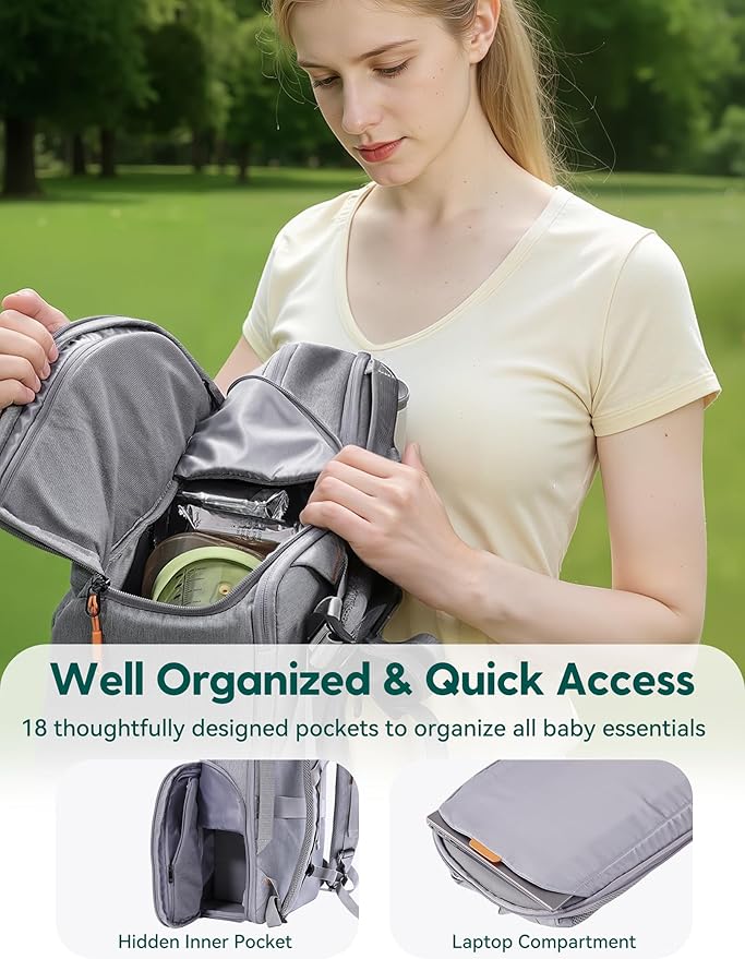 BABELIO Grid Wizard Diaper Bag Backpack - Multi Function Waterproof Diaper Bag, Travel Essentials Baby Bag with Insulated Bottle Holders, Baby Shower Gifts, Grey