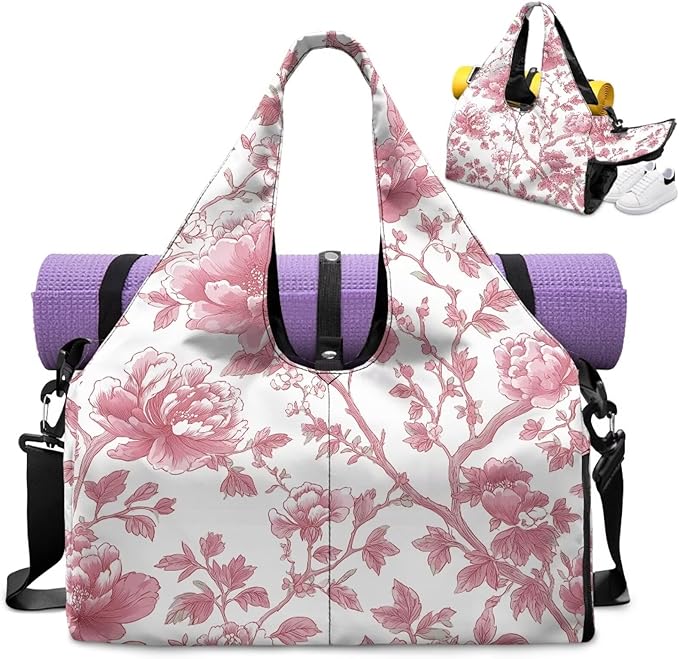 Pink Floral Gym Bag with Yoga Mat Holder and Shoe Compartment, Extra Large Vintage Flower Overnight Bag with Wet Pocket, Adjustable Shoulder Strap Fitness Sport Tote Bag