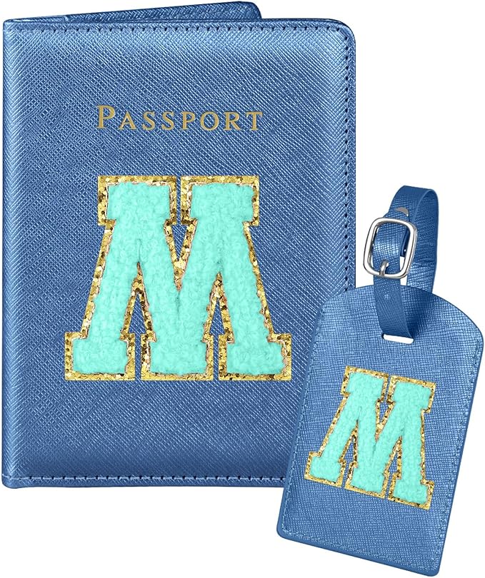 Slohif Passport Holder Initial Lugguage Tag Set Suitcase Cover Wallet Case for Travel Women - Leather Letter Passport Book Personalized Organizer Card Protector Sleeve Essentials Slim Carrier Blue M