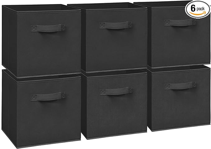 11 Inch Fabric Storage Cubes, Sturdy Foldable Storage Bins, Heavy Duty Cube Organizer for Clothes, Blankets, Shelves, Closets, Bedroom, Living Room, Black, 6 Pack