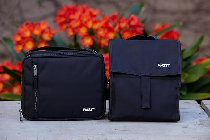 PackIt Freezable Lunch Bag,Black,Built with EcoFreeze Technology,Foldable,Reusable,Zip and Fold Closure with Buckle Handle,Perfect for School and Office Lunches,(Pack of 12)