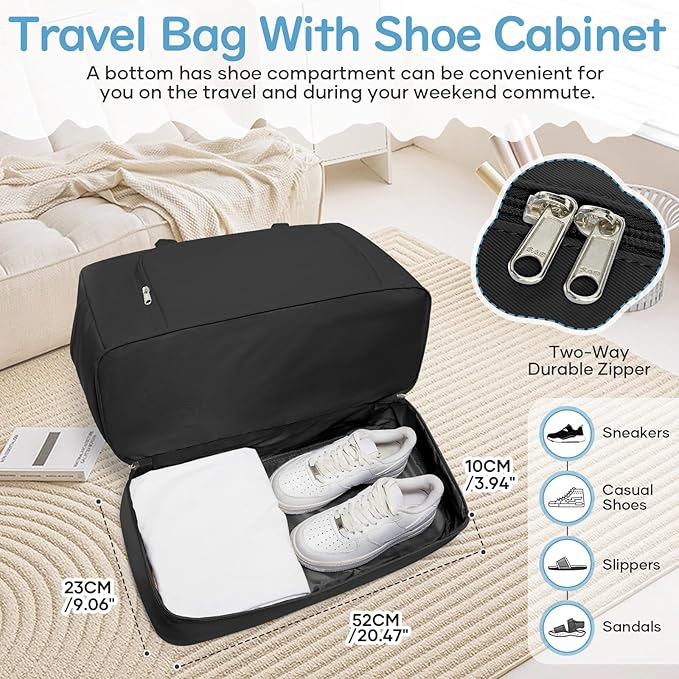 Travel Duffle Bag,Weekender Bags for Women with Shoe Compartment Personal Item Travel Bag Carry on Overnight Bags For Airplanes Gym Duffel Bag with Wet Pocket Hospital Bag for Labor and Delivery Black