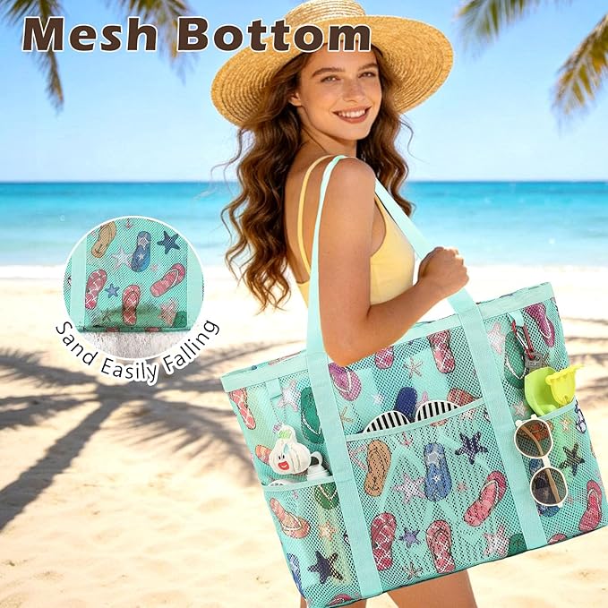 Mesh Beach Bag with Zipper, Large Beach Tote for Women, Toys Pool Swim Bag Travel Vacation Cruise Essentials