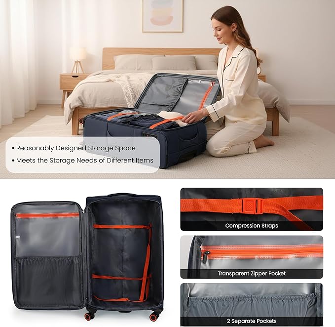 Suitcases with Wheels 32 inch Luggage,Large Softside Suitcase Expandable 20% w/TSA LOCK,Lightweight Travel Suitcase for Men/Women（Navy,32in）