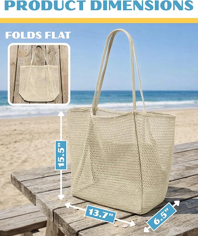 Rave Envy Beach Tote Bag for Women – Waterproof Mesh Tote Bag, Large Capacity Sandproof Beach Bags for Travel