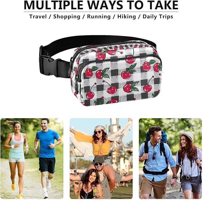 Cherry Fruit Black White Checkered Plaid Fanny Pack for Women Men Water Resistant Fashion Waist Packs with Adjustable Strap Belt Bag for Travel Workout Jogging Hiking 21219426