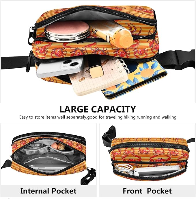 Red Crabs on Orange Stripe Fanny Pack for Women Men Water Resistant Fashion Waist Packs with Adjustable Strap Belt Bag for Travel Workout Jogging Hiking 21219150