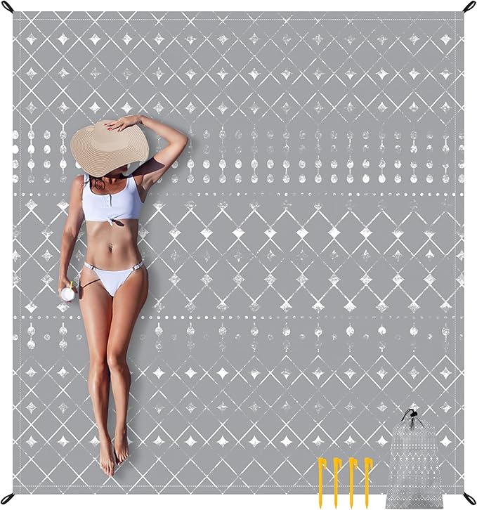 BEW 78''×86'' Large Beach Blanket for 4 Adults, Outdoor Beach Mat Sand Proof Waterproof with 4 Stakes & 4 Corner Pockets, Polyester Lightweight Comapct Grey Picnic Blanket for Travel, Camping, Hiking