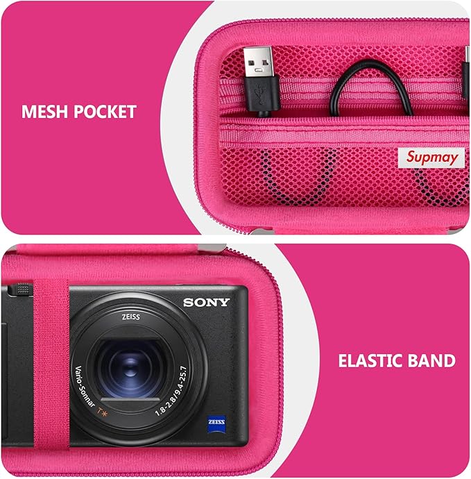 Hard Travel Case for Sony ZV-1F / ZV-1 / ZV-1 II Digital Camera, Storage Holder Travel Bag with Zipper Mesh Pocket for Battery Pack, Charging Cable, USB Card, Rosered