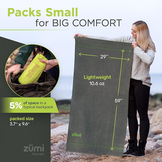 Zumi 100% Cotton Quick Dry Large Travel Towel - Soft, Thin, Compact, Highly Absorbent, Lightweight Camping Towel for Beach, Gym, Bath, Shower, Swimming, Pool, Dorm, RV - Gray