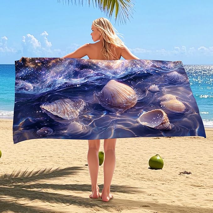 Galactic Shells Microfiber Beach Towel Violet Ocean Shell Design, Quick Dry Absorbent Soft Sand Free Lightweight Travel Blanket, Beach Pool Vacation Essentials 62x31 Inch