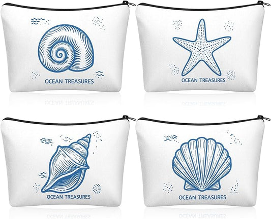 4 Pack Coastal Cosmetic Bags Beach Themed Gifts Starfish Seashell Conch Coral Makeup Pouches Zippered Travel Toiletry Bags for Women Beach Summer Trip Organizer Set(Simple)