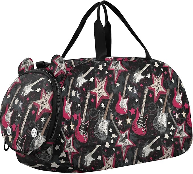 Punk Style Rock Guitar Star Balck Red Boy's Gym Duffel Bag with Shoes Compartment Multifunctional Kids Overnighter Duffel Bags for Travel, Swimming, Dance, Ballet bolsa para hombre