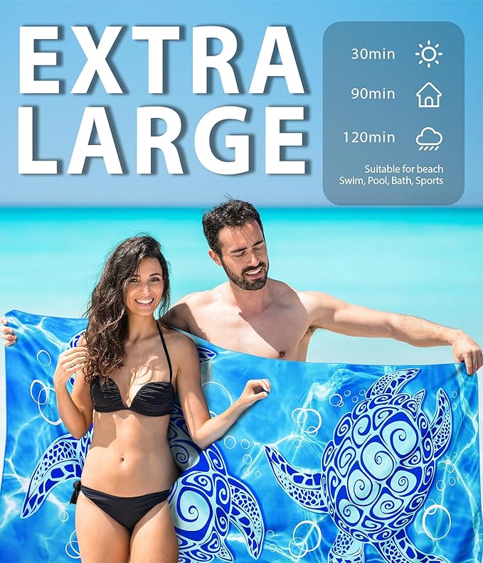Margelife Sand Proof Microfiber Beach Towels Adult –Quick Fast Dry Beach Oversized for Swim Pool Yoga Travel Blanket Essentials Lightweight Accessories Must Haves Women Gifts Blue Turtle Whale