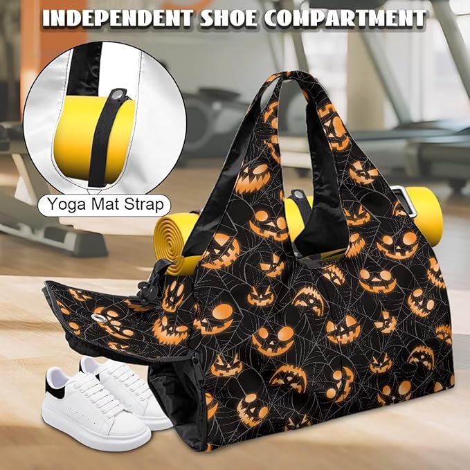 Halloween Pumpkin Face Travel Duffel Bag for Women Large Capacity Overnight Bag with Shoe Compartment Lightweight Sports Fitness Hospital Carry on Bags Black Halloween Costumes