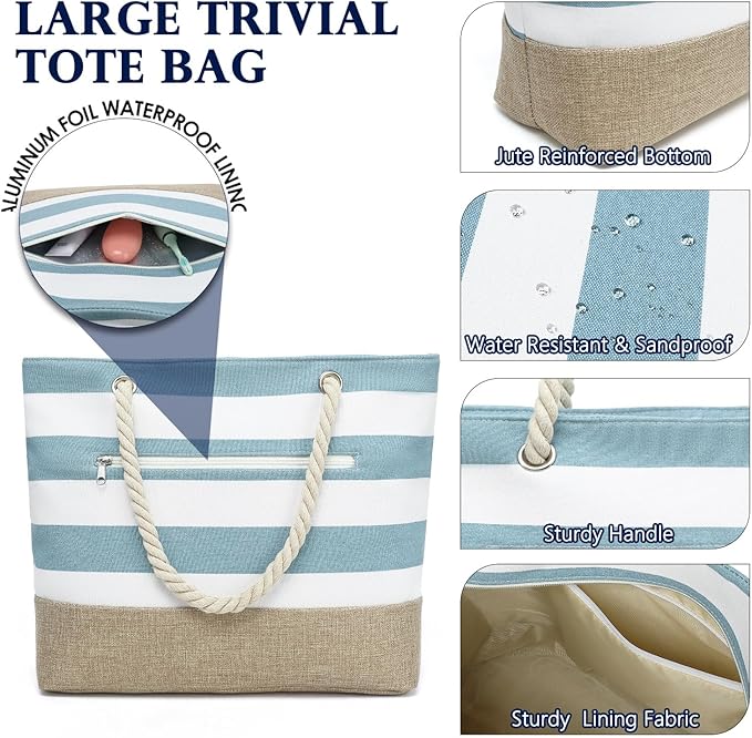 Fammart Beach Bags Waterproof Sandproof for Women, Large Canvas Pool Bag with Leakproof Wet Pocket & Zipper Cruise Essentials