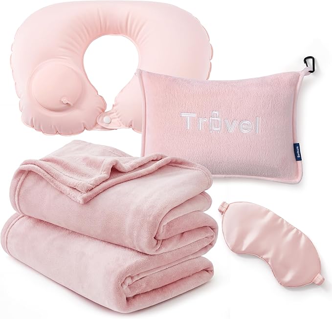 Bedsure Travel Blanket and Pillow Set with Inflatable Neck Pillows, Eye Mask and Storage Bag, Lightweight 3-in-1 Airplane Packable Blanket, Compact Travel Essentials, Pink