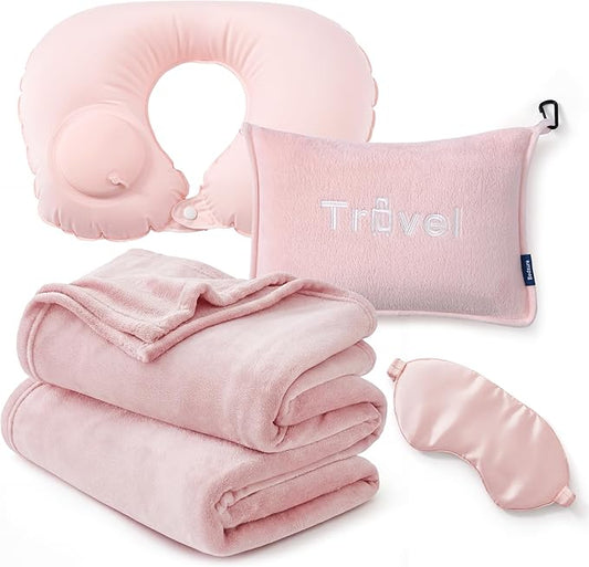 Bedsure Travel Blanket and Pillow Set with Inflatable Neck Pillows, Eye Mask and Storage Bag, Lightweight 3-in-1 Airplane Packable Blanket, Compact Travel Essentials, Pink